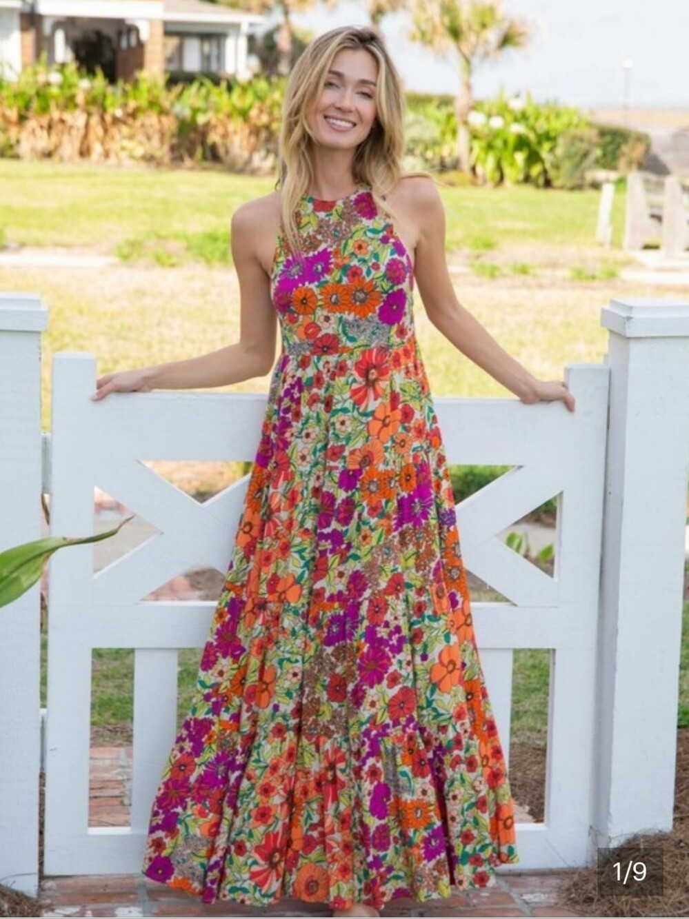Natural Life Gorgeous Vibrant Floral Sleeveless Maxi Dress in Orange Pink Medium - Picture 2 of 8